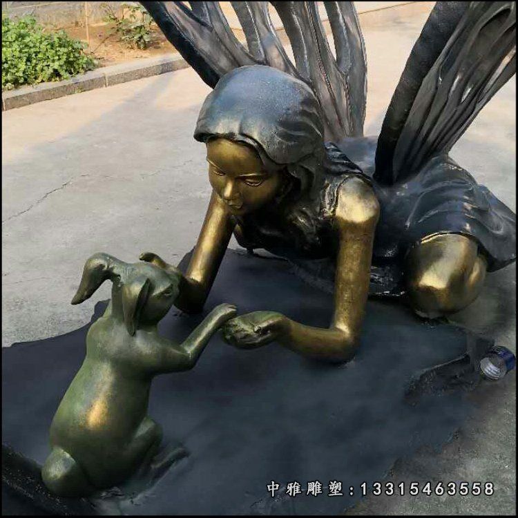 蝴蝶仙子和小兔子铜雕 (1)