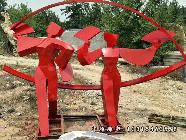 不锈钢抽象跳扇子舞的人物雕塑，公园景观摆件