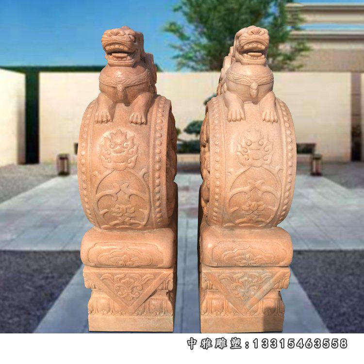 晚霞红狮子抱鼓 石雕公园景观雕塑 (2)