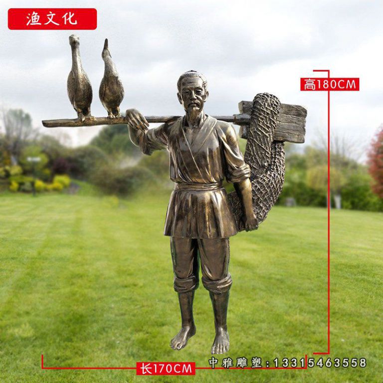 背渔网的老渔翁和鸬鹚铜雕