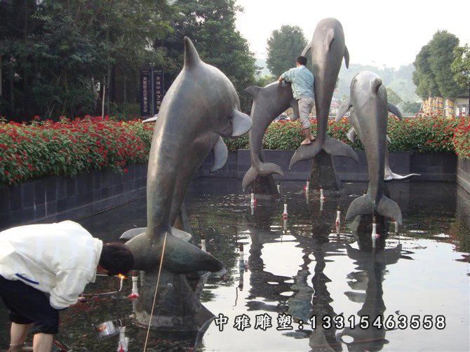 铜海豚雕塑，公园海豚铜雕