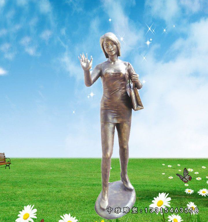 现代购物女郎雕塑，玻璃钢仿铜街头人物雕塑 (2)