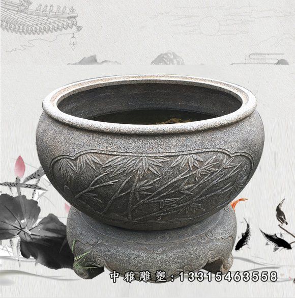 仿古浮雕富竹花盆石雕