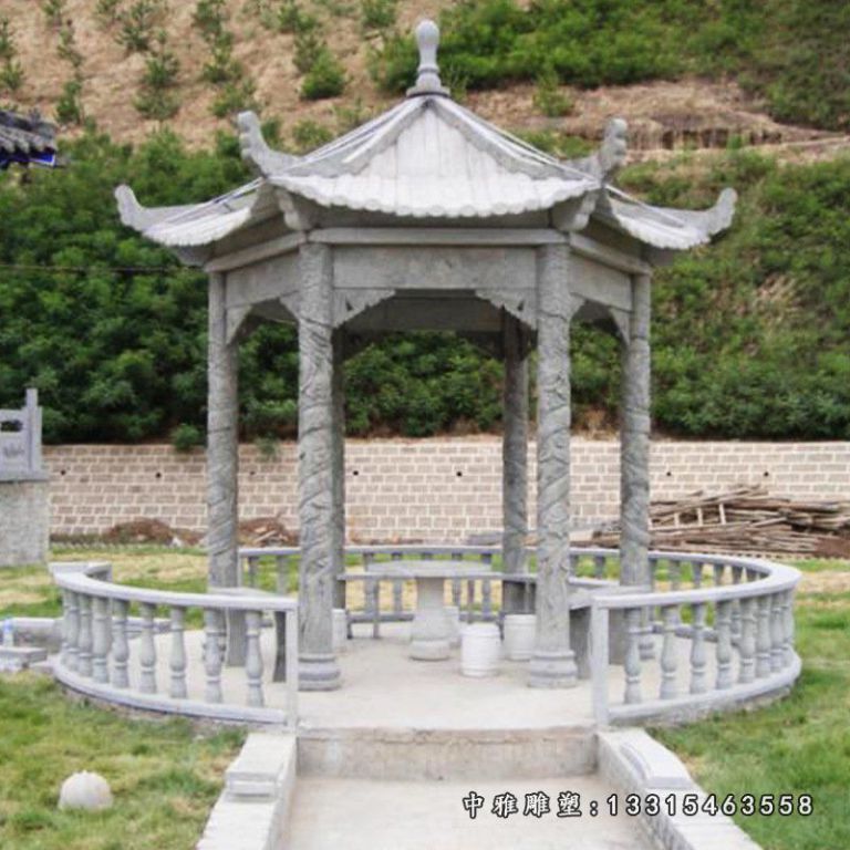 六角石雕凉亭，青石凉亭雕塑 (1)