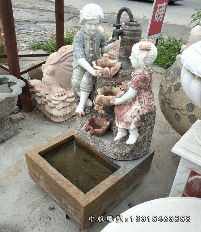 大理石西方儿童喷泉 石雕公园景观摆件 (3)
