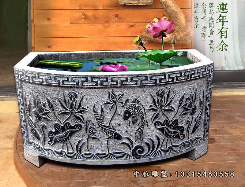 连年有余石浮雕，仿古石浮雕鱼缸