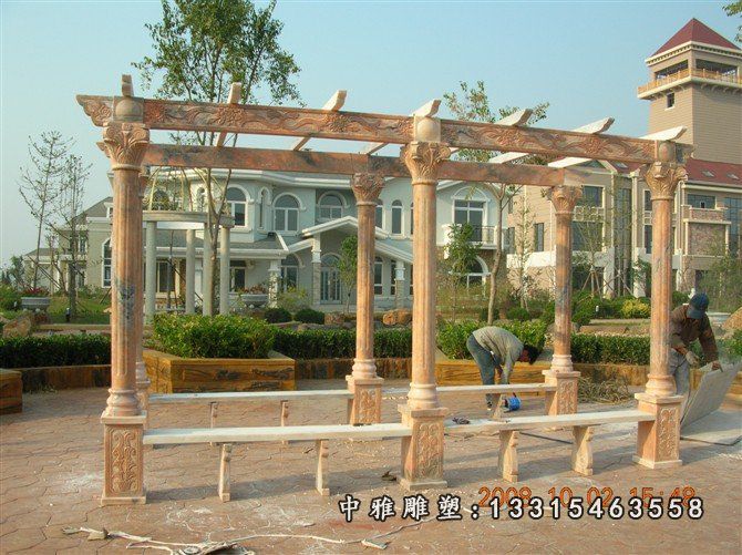 晚霞红长廊石雕，公园长廊石雕