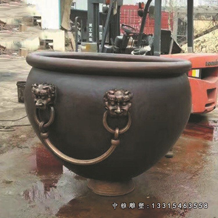 铜雕仿古狮子头水缸雕塑 (6)