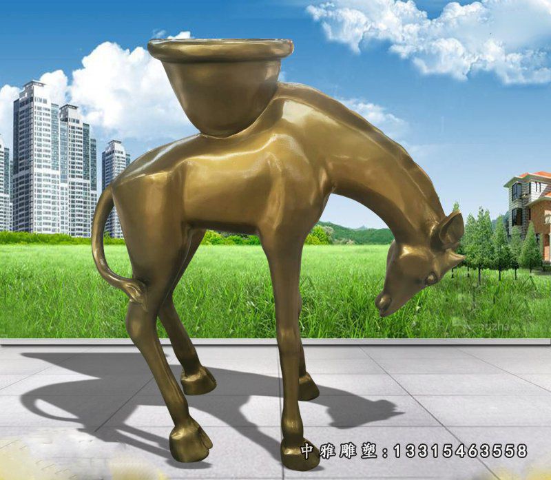 玻璃钢仿铜抽象马花盆公园动物花盆雕塑 (2)