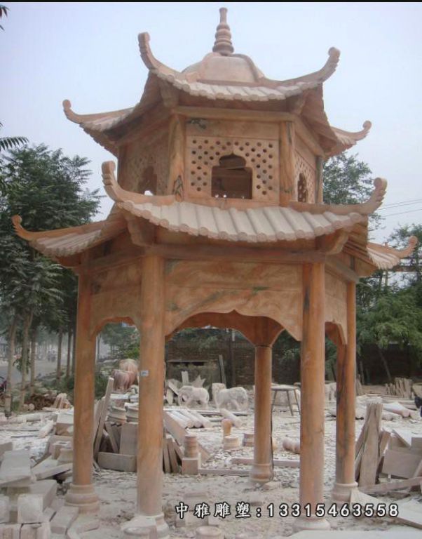 晚霞红凉亭，晚霞红石头亭子