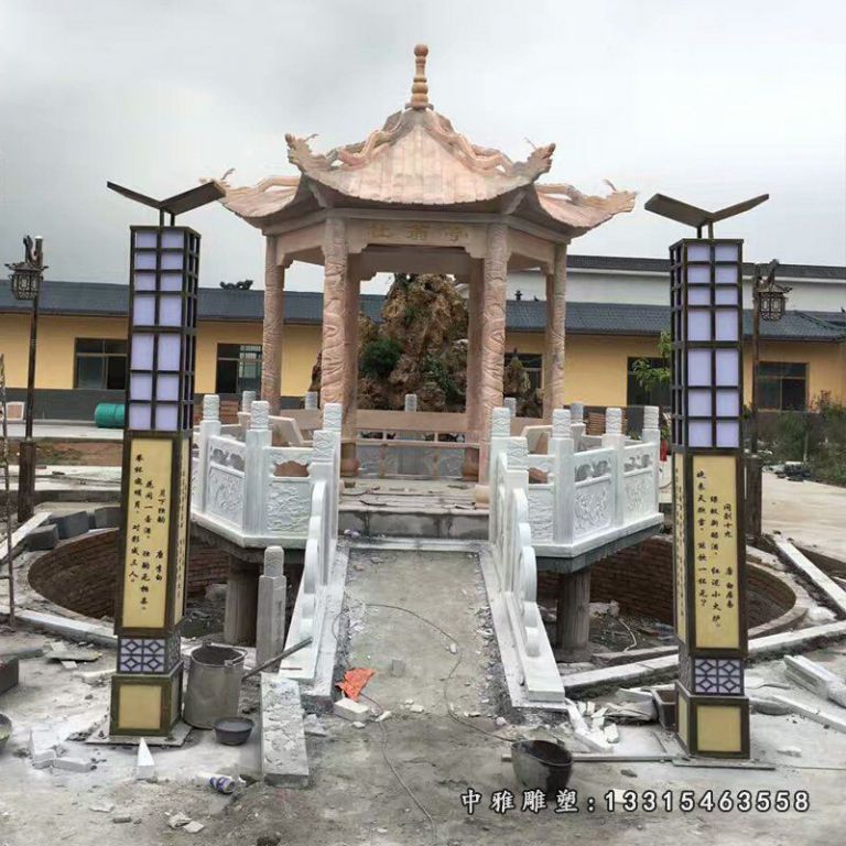 晚霞红凉亭石雕，公园景观石凉亭