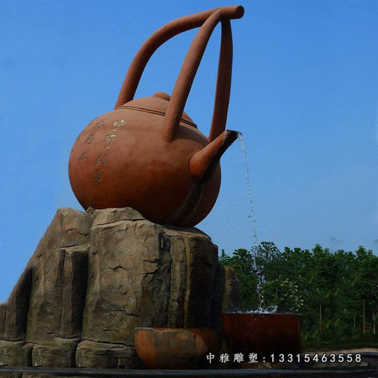 景区大型流水茶壶铜雕