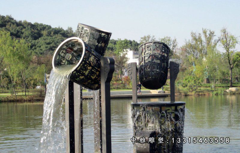 铸铜喷水水桶，水缸铜雕