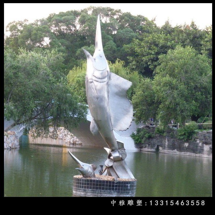 不锈钢鲸鱼喷泉 城市公园景观雕塑 (1)