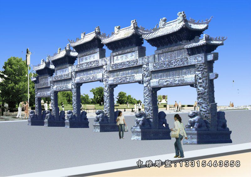 五门石牌坊，青石牌坊雕塑 (4)