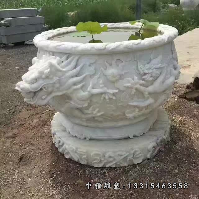 汉白玉龙头浮雕石水缸