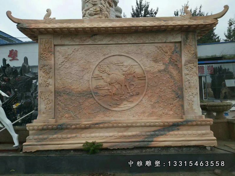 晚霞红祥云麒麟浮雕石影壁