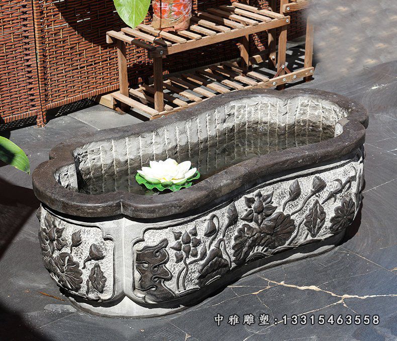 荷花石浮雕鱼缸，庭院景观摆件