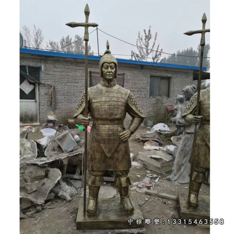玻璃钢仿铜古代士兵 拿长枪的士兵雕塑 (3)