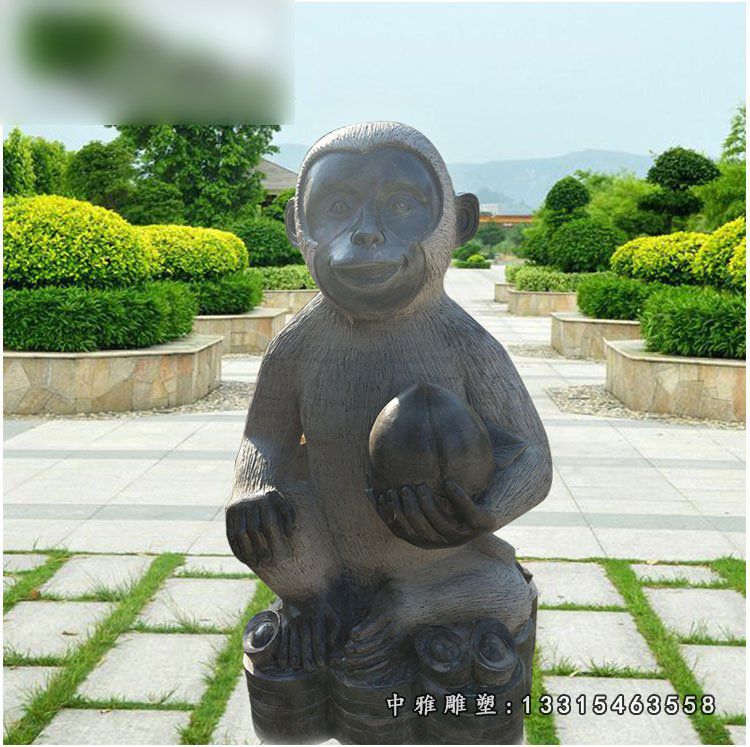 青石猴子雕塑，抱着桃子的小猴子石雕 (5)