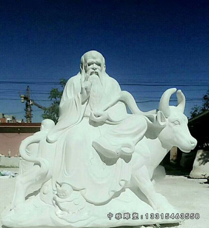 老子骑牛西行石雕，汉白玉景观石雕