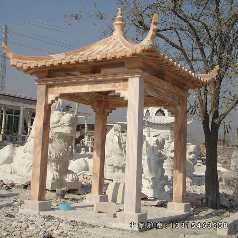方形石雕凉亭，晚霞红凉亭石雕 (2)