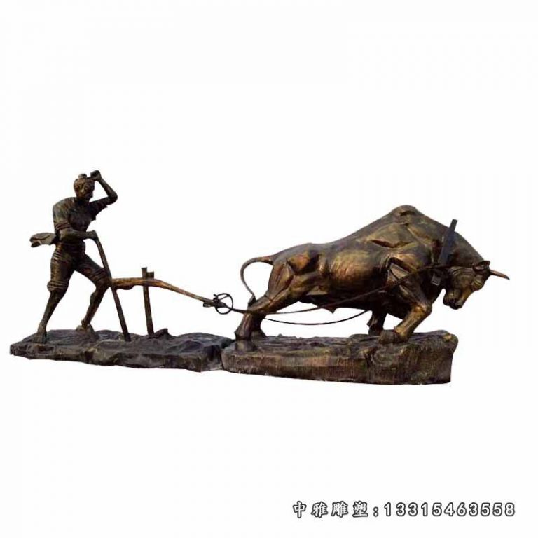 玻璃钢仿铜古代民俗文化农耕人物牛拉犁雕塑 开荒耕地牛雕塑摆件10452