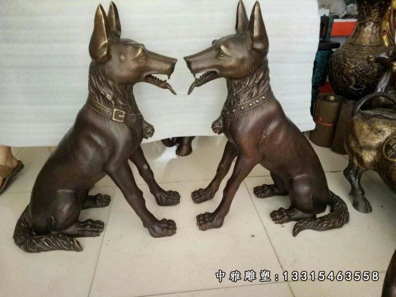 两只狗铜雕，招财动物雕塑