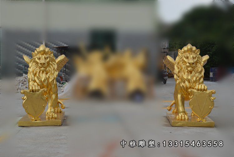 玻璃钢仿铜金色飞狮 门口欧式看门狮子 (5)