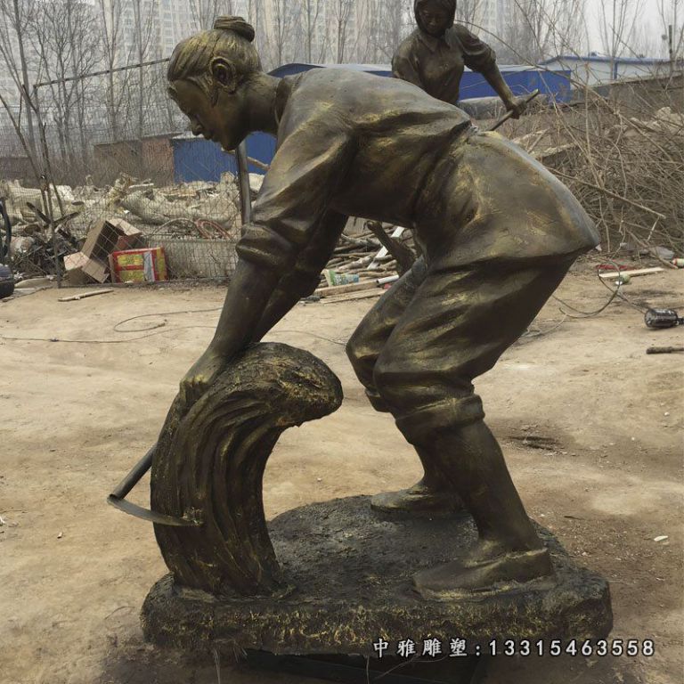 收割稻子的古代人物铜雕，古代农耕文化人物铜雕