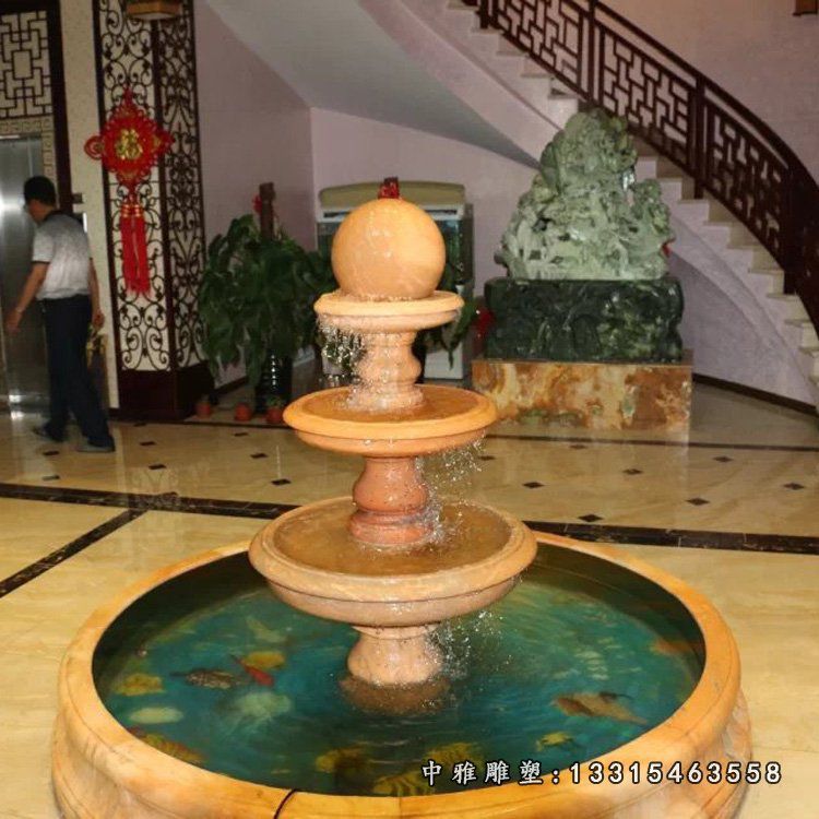 晚霞红三层风水球 石雕商场景观雕塑