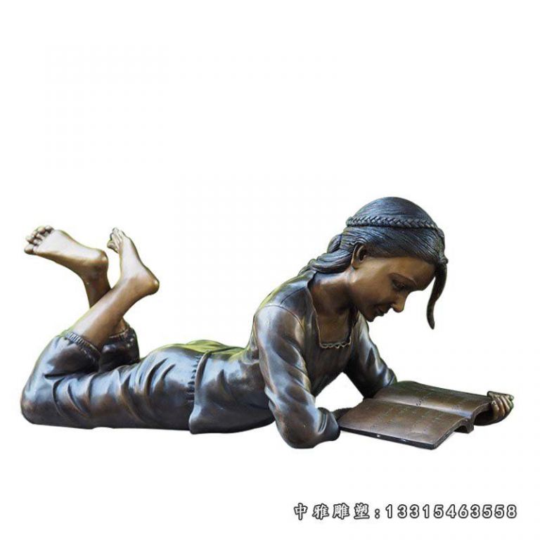 趴着看书的西方女孩铜雕 (2)