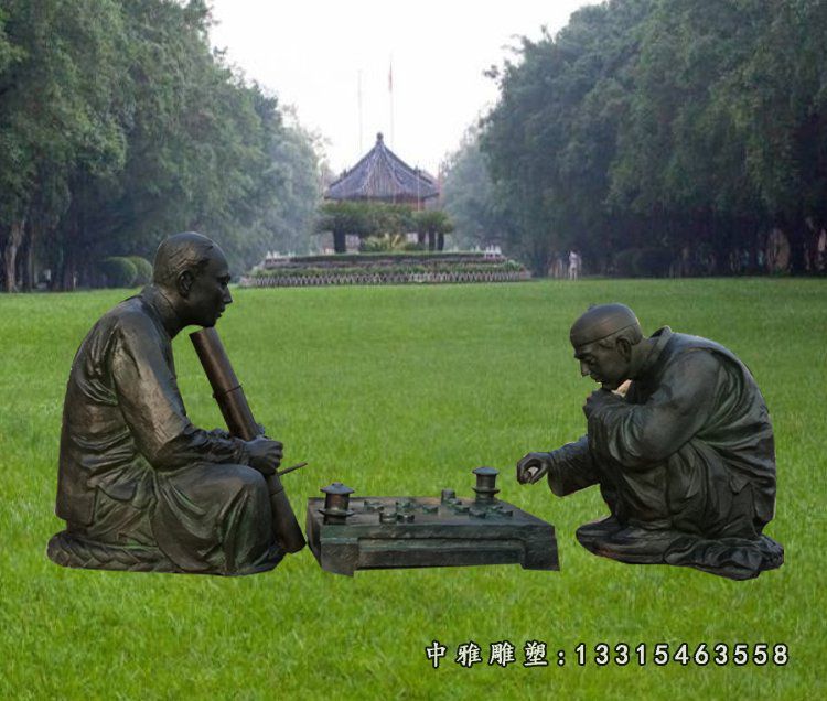 古人喝茶下棋雕塑，公园玻璃钢仿铜雕塑