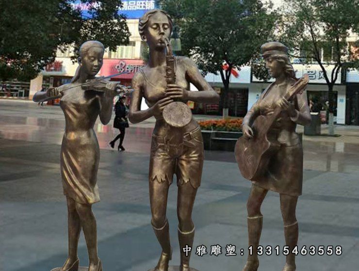 玻璃钢仿铜音乐人雕塑，街边景观雕塑