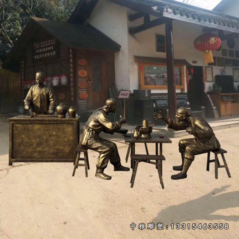 饭店掌柜和吃饭的人物铜雕，步行街小品铜雕