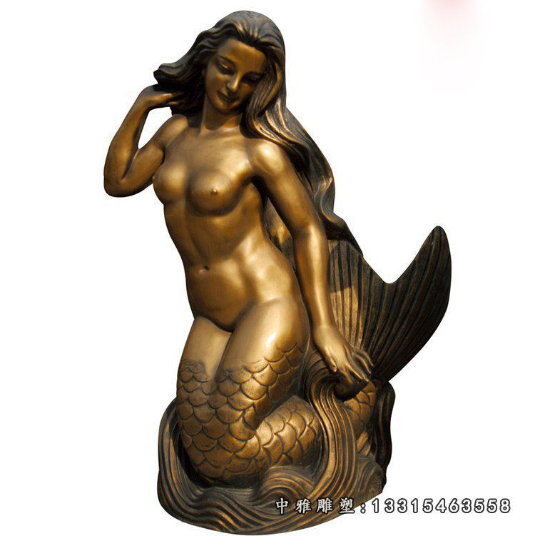 玻璃钢仿铜美人鱼雕塑 海边景观雕塑