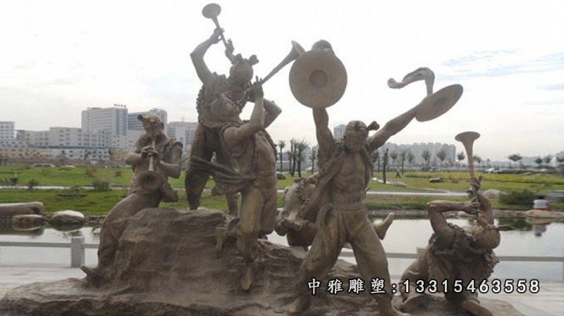 民俗吹锣打鼓人物铜雕