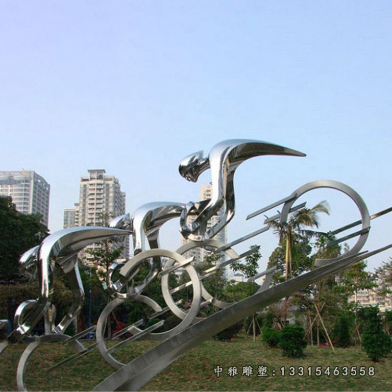 不锈钢抽象骑单车人物摆件，广场景观摆件