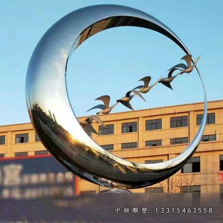 镜面不锈钢抽象月亮大雁雕塑