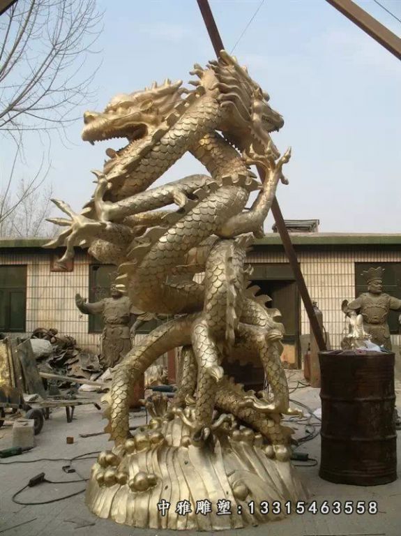 铜龙雕塑，双龙出水铜雕