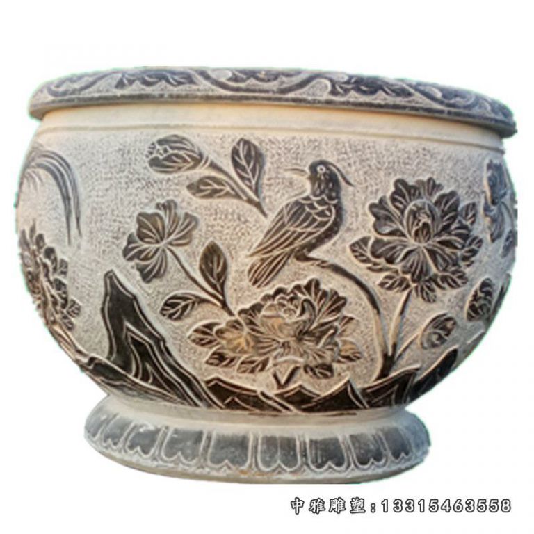 仿古石雕鱼缸摆件流水青石水槽圆形阳台庭院花园 荷花鱼缸76505