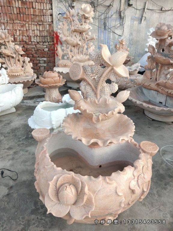 石雕荷花盆养鱼池流水晚霞红户外庭院屏风别墅造水景小品摆件75293