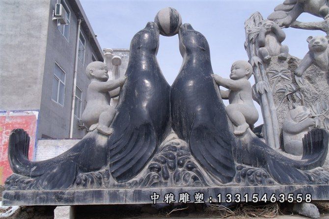 海豹石雕，两只海豹石雕