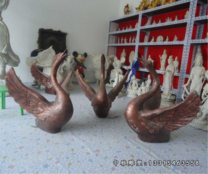 铜雕天鹅，公园动物雕塑 (1)