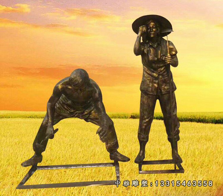 插秧的古代劳动人物雕塑玻璃钢仿铜农耕人物摆件
