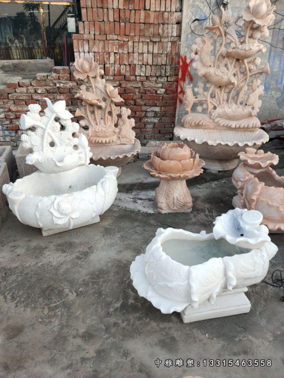 石雕荷花盆养鱼池流水晚霞红户外庭院屏风别墅造水景小品摆件75295