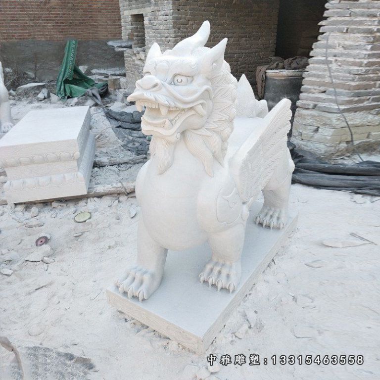 汉白玉獬豸雕塑，独角兽石雕
