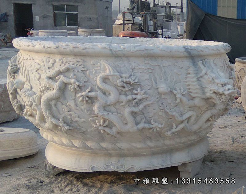 大理石年年有余花盆 石雕庭院景观摆件 (2)