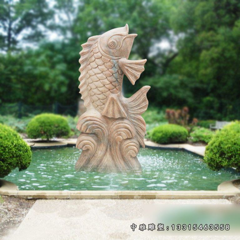 石雕鱼喷泉，晚霞红喷水鱼