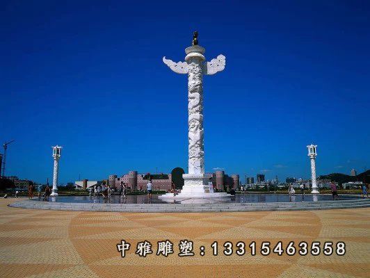 石雕龙柱，汉白玉华表雕塑 (2)